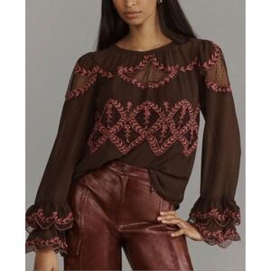 Anthropologie Long Sleeve Appliqué‎ Embroidered Sheer Brown Blouse Top Size L